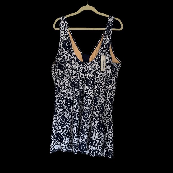 Navy/White Floral Print Swim Dress w/ Boy Shorts - Picture 2 of 4